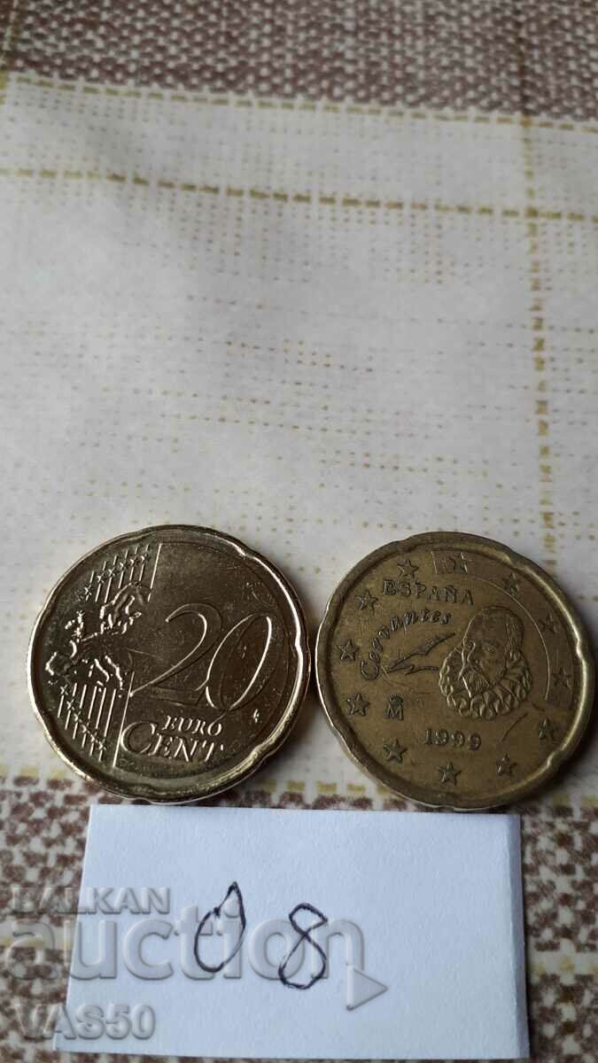 SPANIA 20 de cenți de euro 1999.
