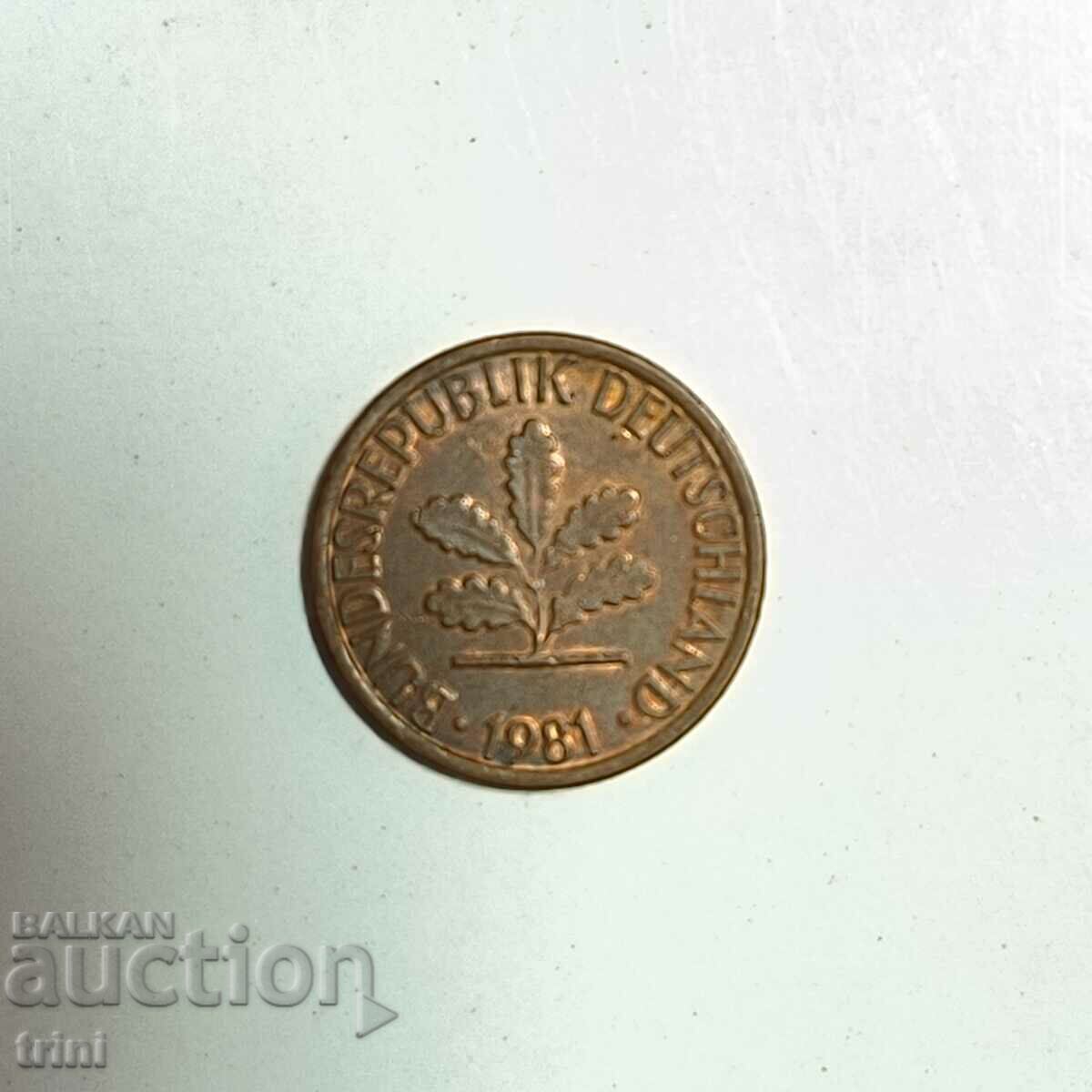 Germany 1 pfennig 1981 year 'F' - Stuttgart e187 with price 0.50 BGN | € 0.26 Germany 1 pfennig 1981 year 'F' - Stuttgart e187 with price 0.50 BGN | € 0.26