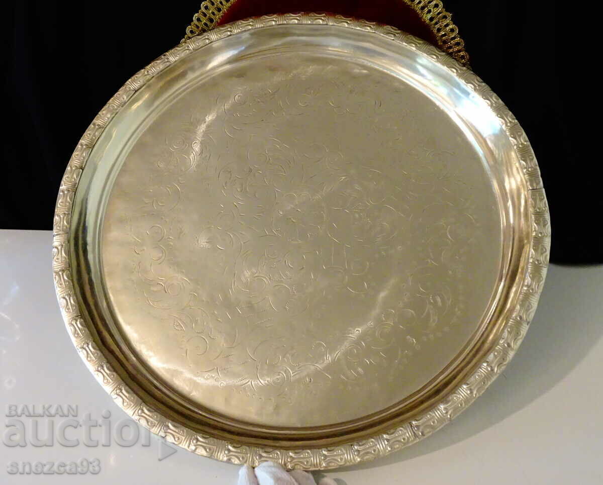 Silver-plated tray, 46 cm, 1.2 kg, ornaments, hardware Silver-plated tray, 46 cm, 1.2 kg, ornaments, hardware