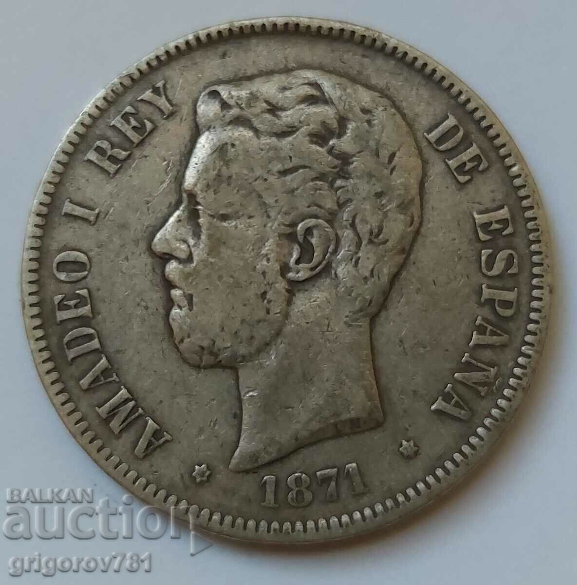 5 песети сребро Испания 1871 - сребърна монета #154