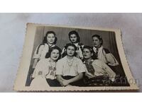 Photo Six young girls in embroidered shirts 1945