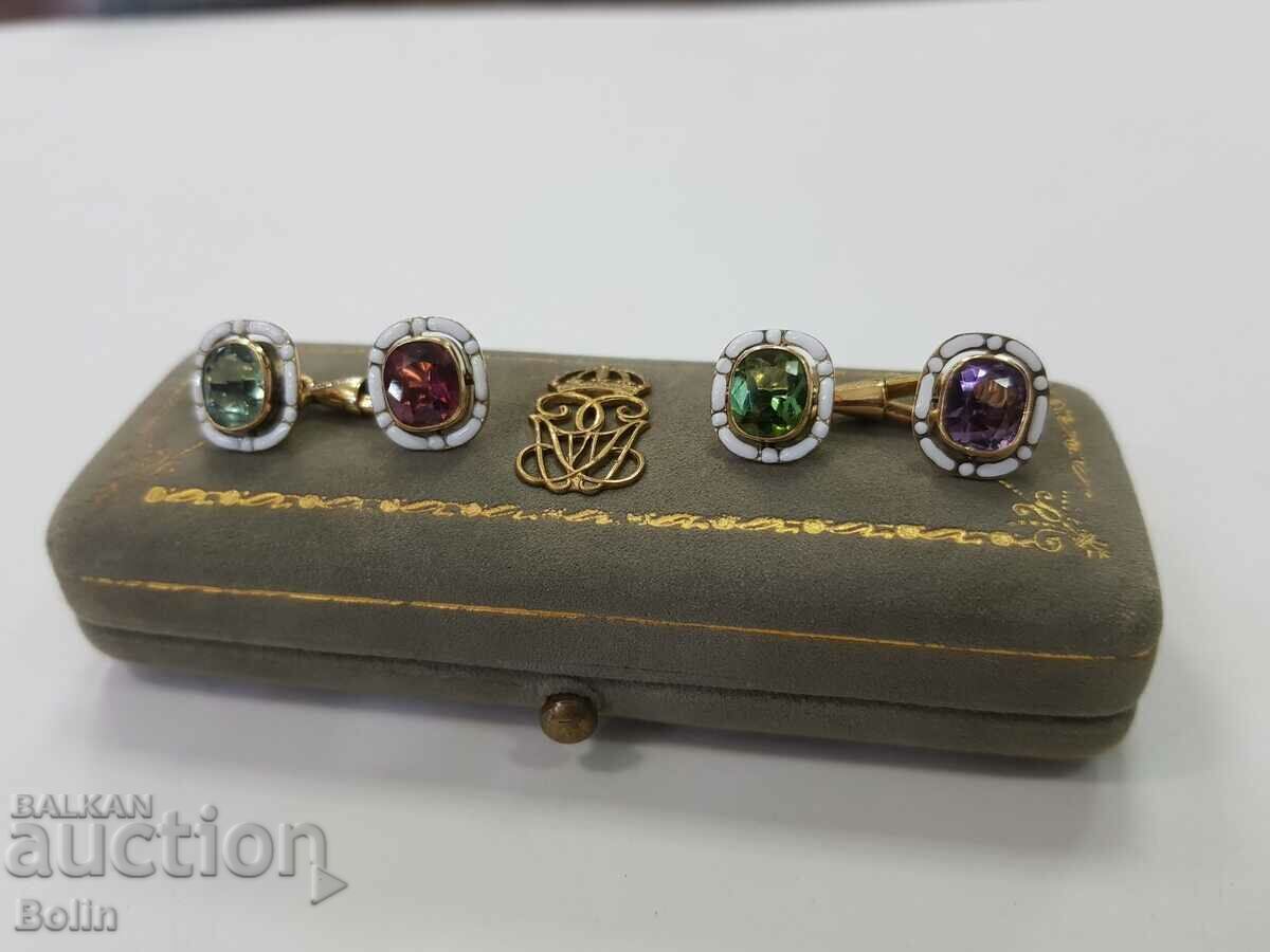 Златни подаръчни ръкавели с емайл и натурални турмалини 19в. с цена € 1900.00 | 3716.08 лв.