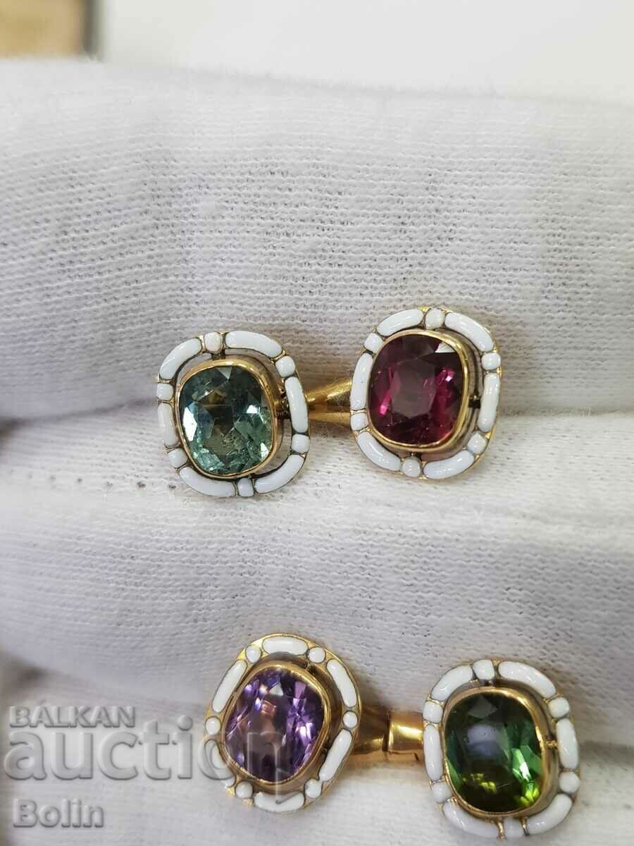 Доставка на Златни подаръчни ръкавели с емайл и натурални турмалини 19в.