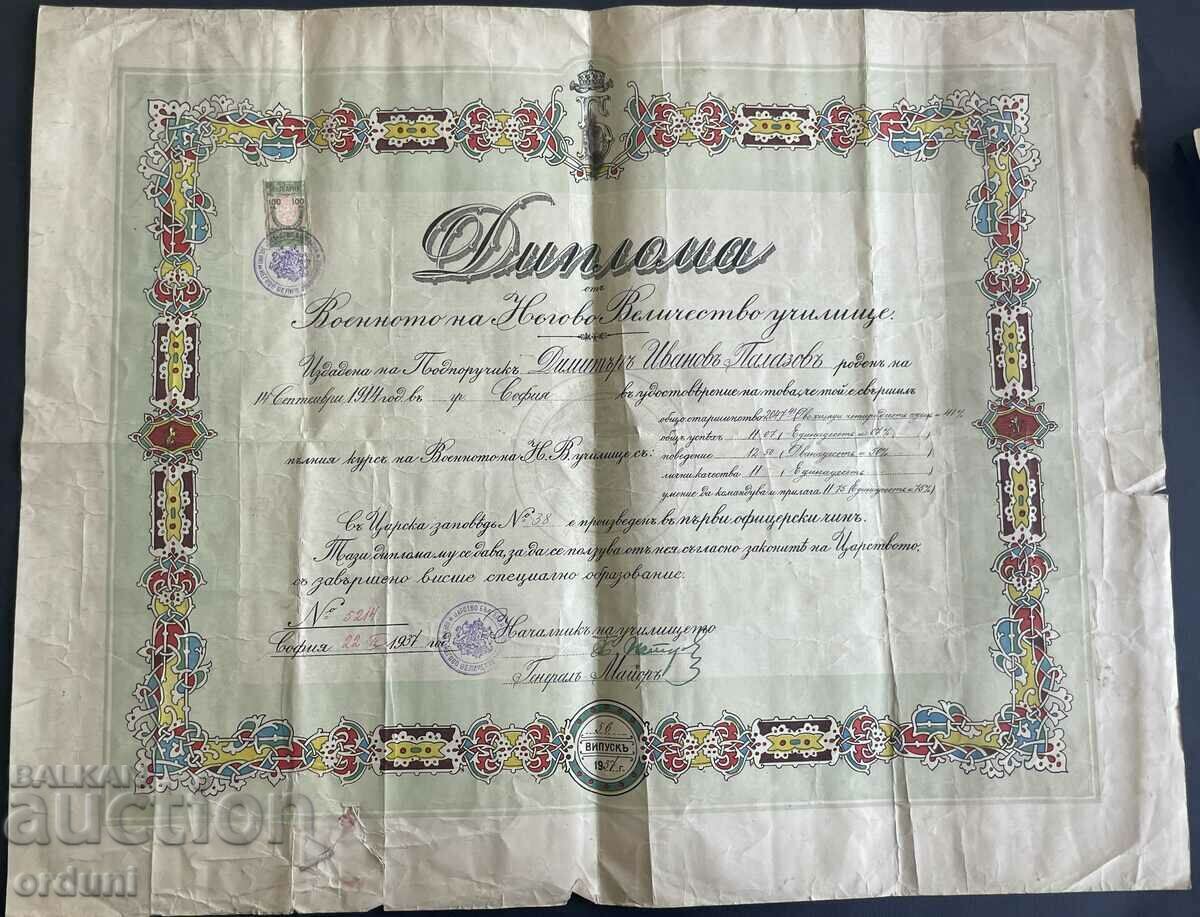 3715 Regatul Bulgariei Diploma Scoala Militara clasa a 56-a 1937
