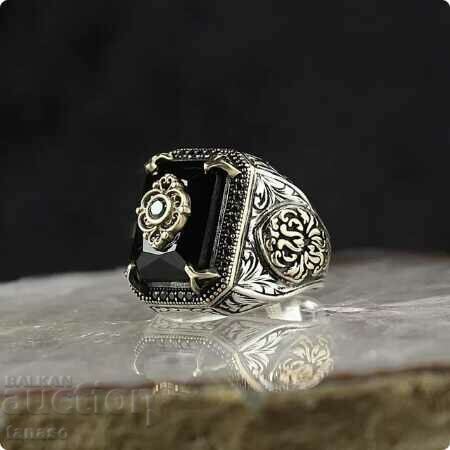 Turkish ring with black zircon, silver plated