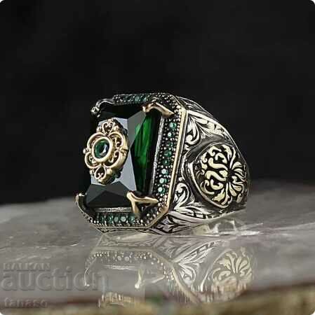 Inel turcesc cu zircon verde, placat cu argint