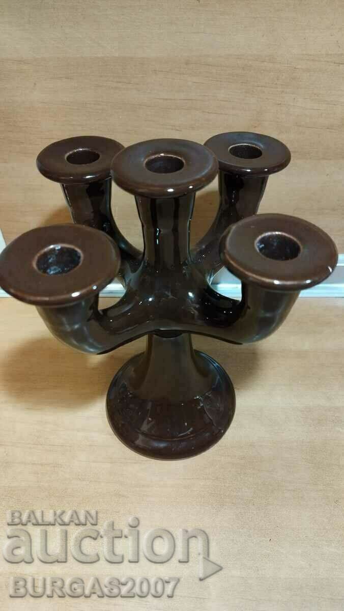 Old, brown porcelain candle holder, five, Scandinavia