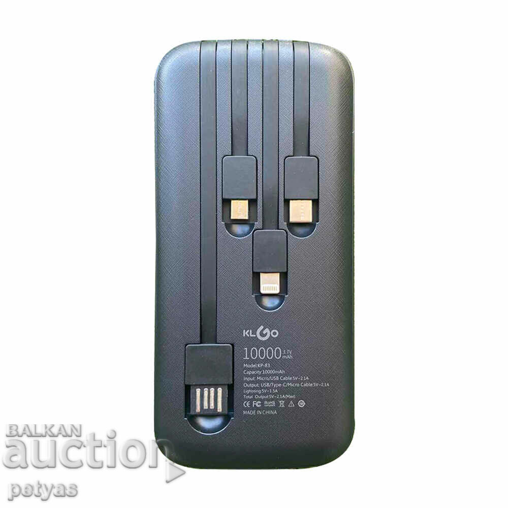 Delivery of 10,000 mAh Power Bank KLGO KP-83, with display, with 4 charging cables Delivery of 10,000 mAh Power Bank KLGO KP-83, with display, with 4 charging cables