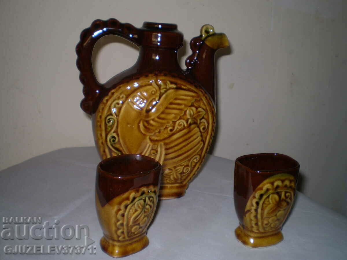Folk Art Bulgarian ceramics, set of jug and two wine glasses