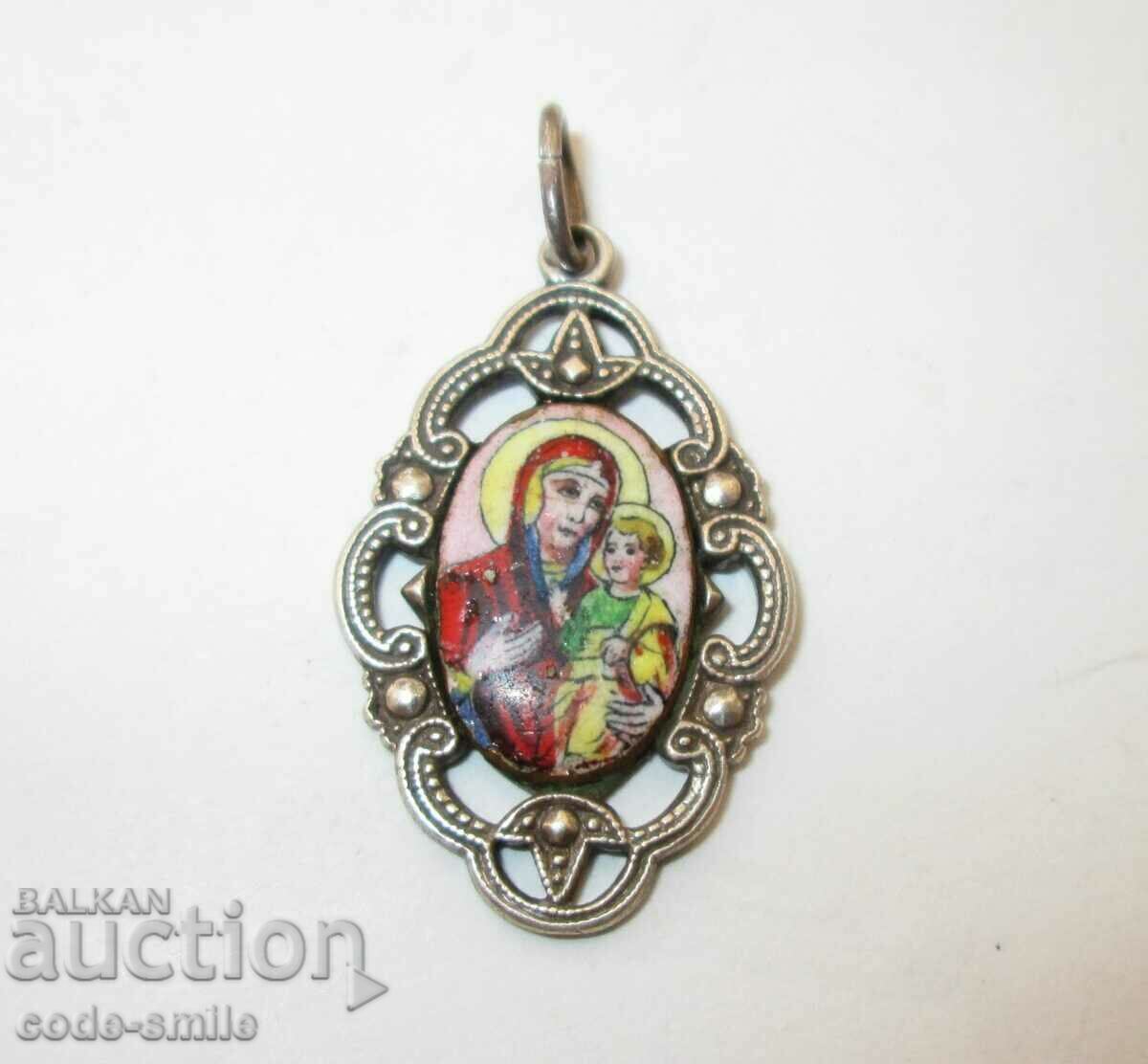 Old silver medallion pendant icon enamel Virgin Mary