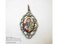Old silver medallion pendant icon enamel Virgin Mary