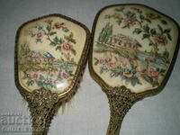 Vintage bronze filigree embroidery mirror, brush set