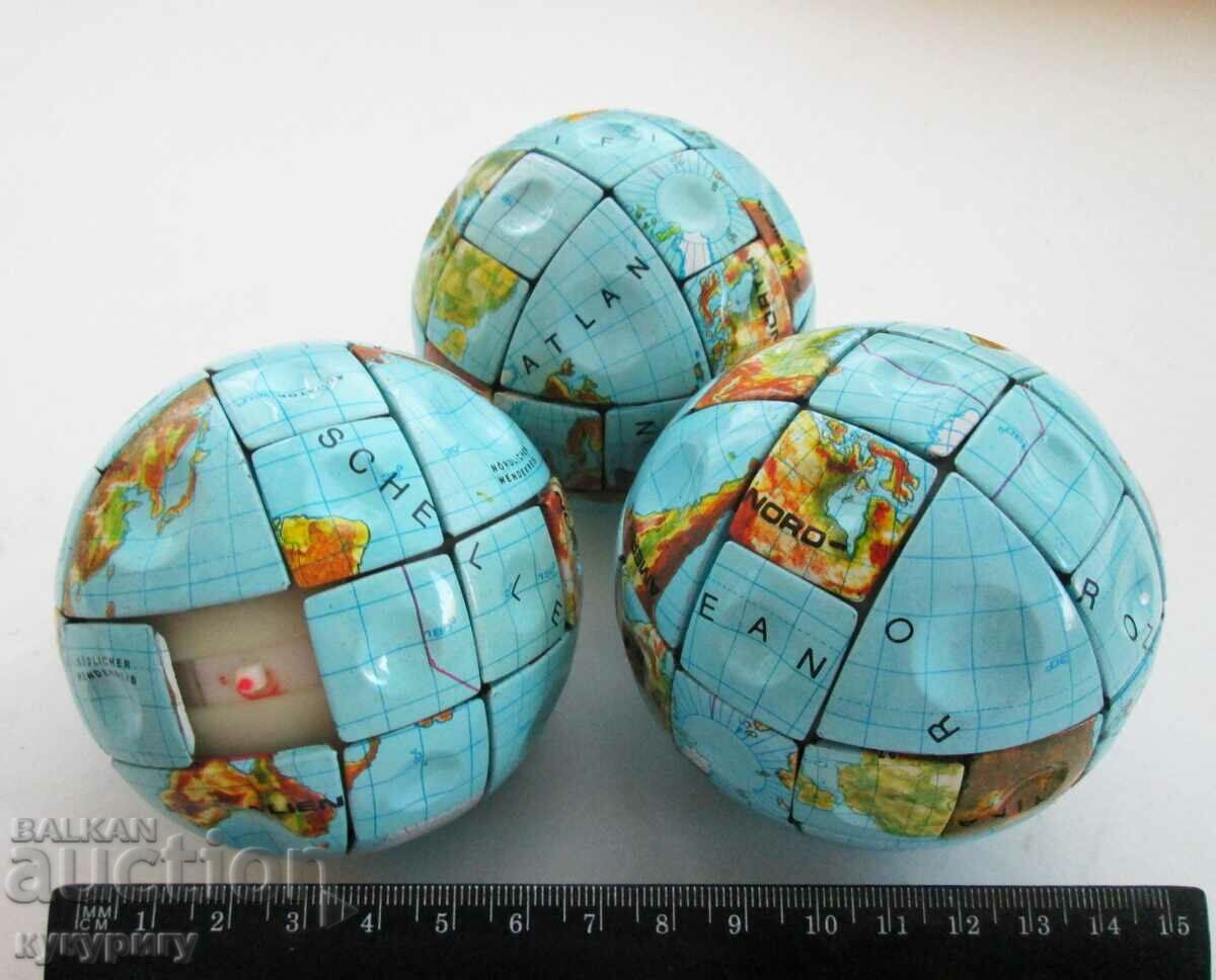 Lot of 3 pieces old mechanical sheet metal globe puzzle with price 110.00 BGN | € 56.24 Lot of 3 pieces old mechanical sheet metal globe puzzle with price 110.00 BGN | € 56.24