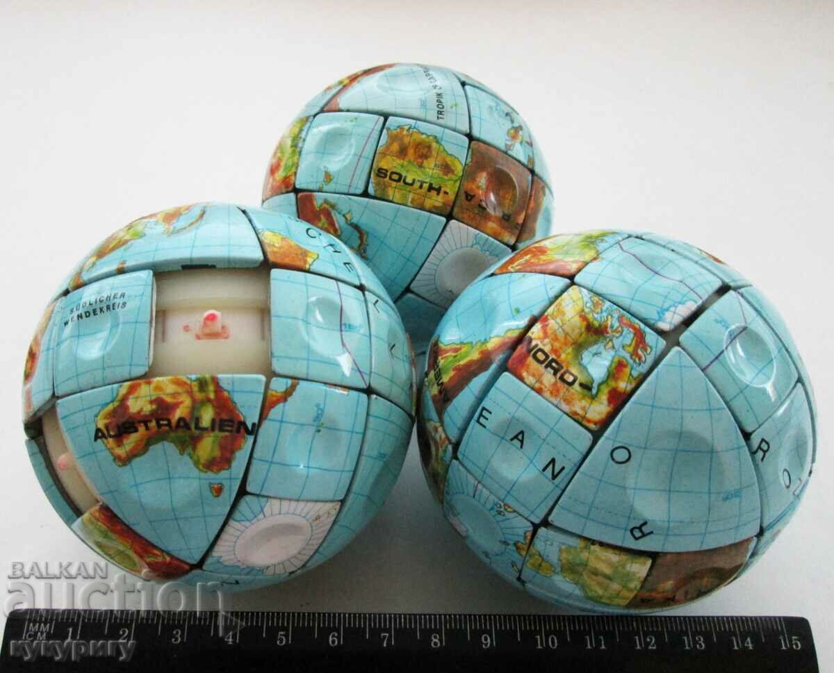 Lot of 3 pieces old mechanical sheet metal globe puzzle - 7 Lot of 3 pieces old mechanical sheet metal globe puzzle - 7