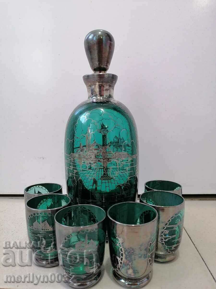 Pahare de serviciu venetian carafa sticla verde smarald argintiu cu preț € 189.92 | 371.45 BGN