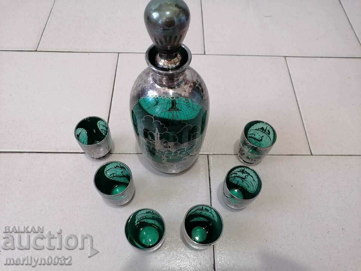 Licitație Pahare de serviciu venetian carafa sticla verde smarald argintiu