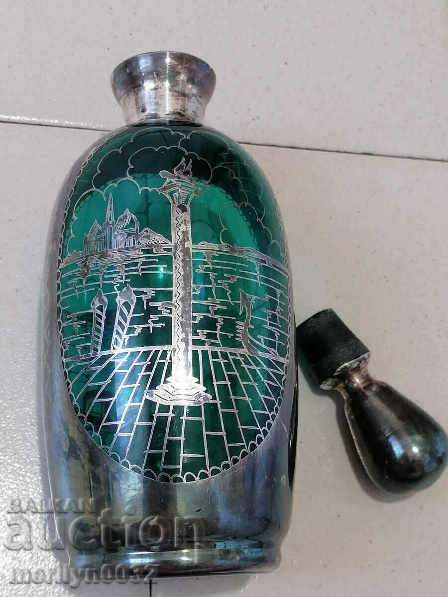 Pahare de serviciu venetian carafa sticla verde smarald argintiu - 5