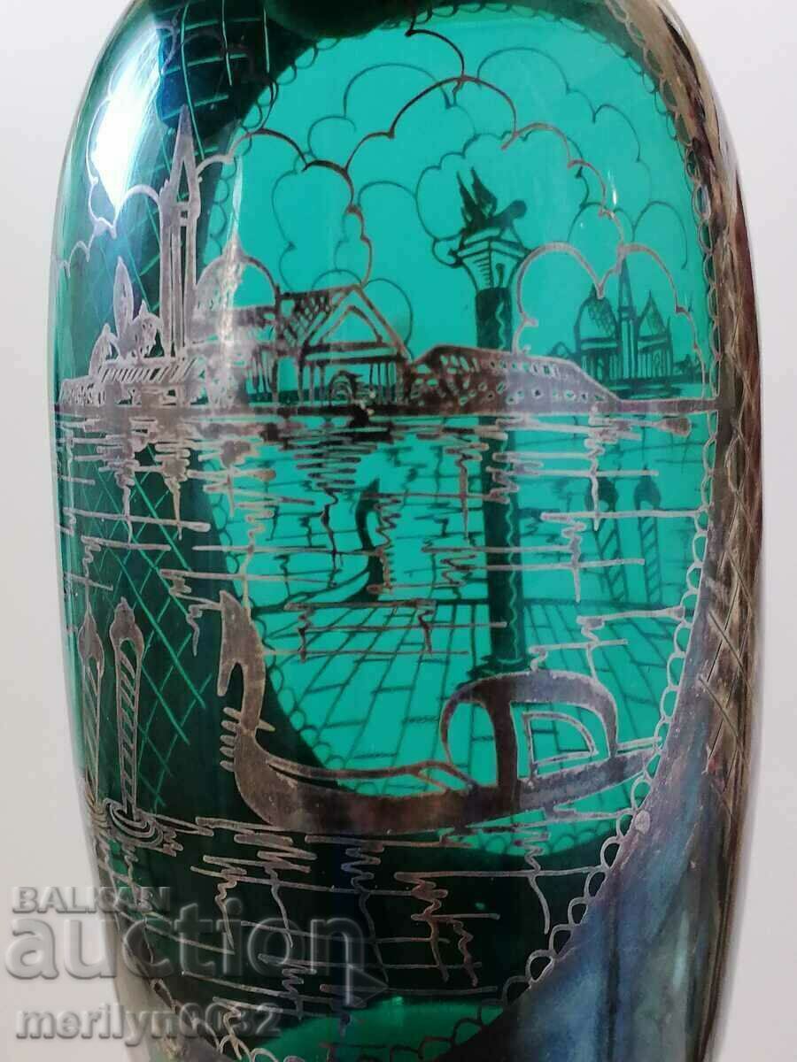Pahare de serviciu venetian carafa sticla verde smarald argintiu - 6
