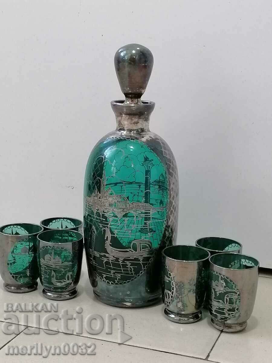Pahare de serviciu venetian carafa sticla verde smarald argintiu - 7
