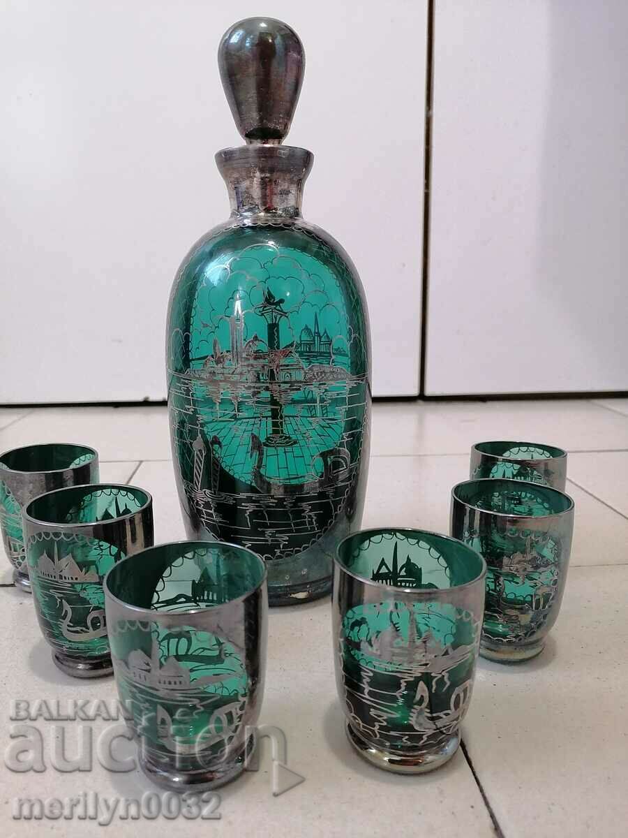 Βενετσιάνικα ποτήρια σέρβις καράφα πράσινο γυαλί σμαραγδί ασημί