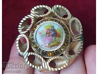 Retro brooch, gold color/Victorian style/porcelain