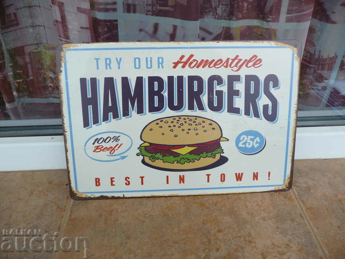 Placă metalică cu hamburger cel mai bun fast-food din oraș