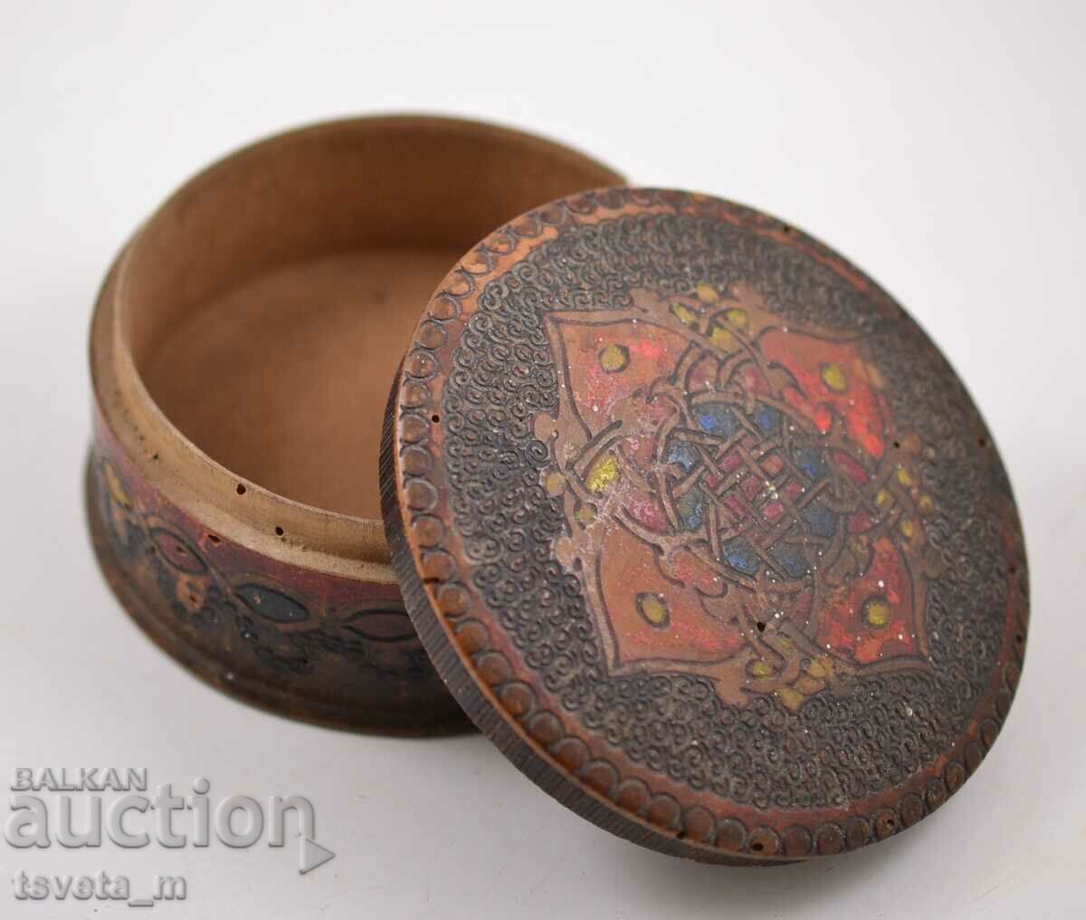 Auction  Antique wooden box pyrographed handmade