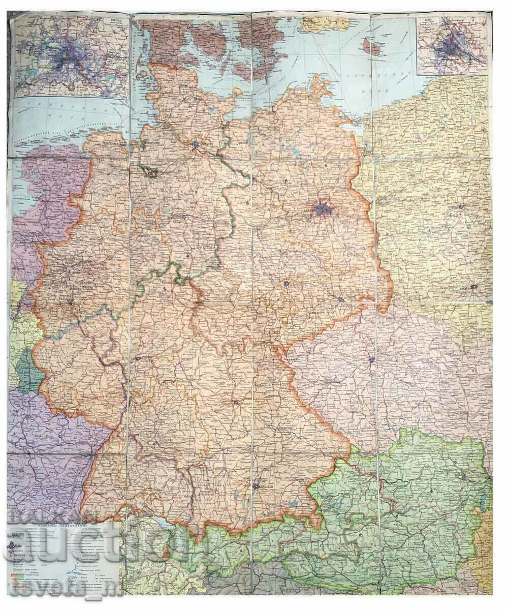 Map of Germany and Austria 1962, laminated on cloth