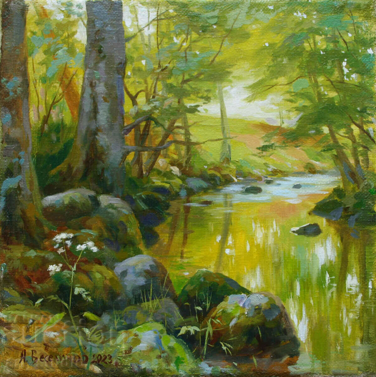 Пейзаж с река   -масл бои с цена € 65.00 | 127.13 лв.