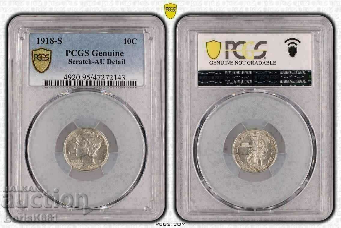 10 цента дайм 1918 S PCGS AU DETAILS