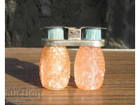 set of antique small glass salt shakers marked