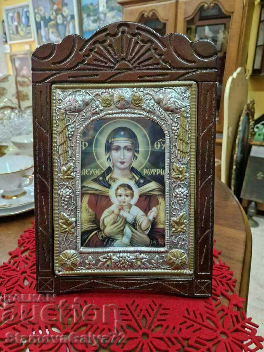 A beautiful large antique Greek icon with wood carving and hardware with price 88.00 BGN | € 44.99 A beautiful large antique Greek icon with wood carving and hardware with price 88.00 BGN | € 44.99