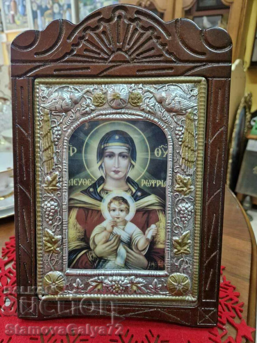 A beautiful large antique Greek icon with wood carving and hardware
