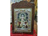 A beautiful large antique Greek icon with wood carving and hardware