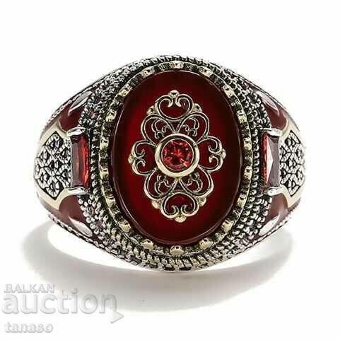 Auction  Ring with agate and rubies, gold-plated