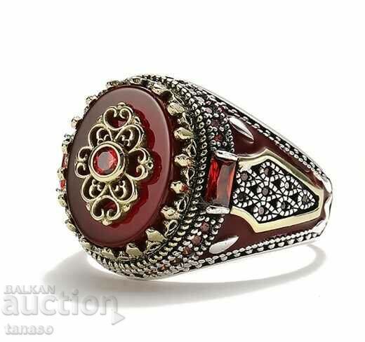 Ring with agate and rubies, gold-plated