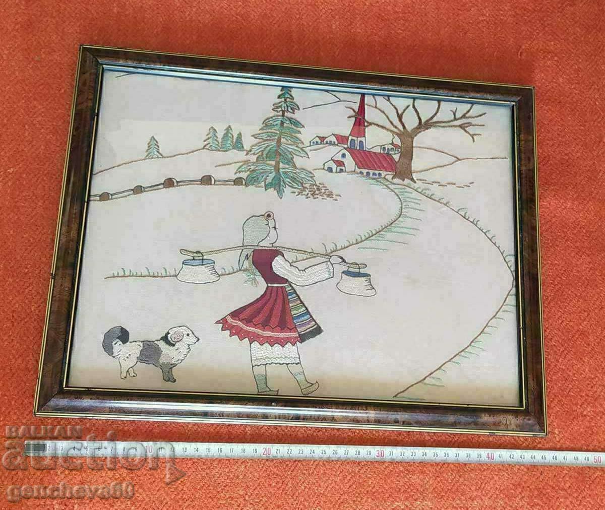 Goblen vechi brodat „Fată cu ulcioare” 35/45cm cu preț € 15.00 | 29.34 BGN Goblen vechi brodat „Fată cu ulcioare” 35/45cm cu preț € 15.00 | 29.34 BGN
