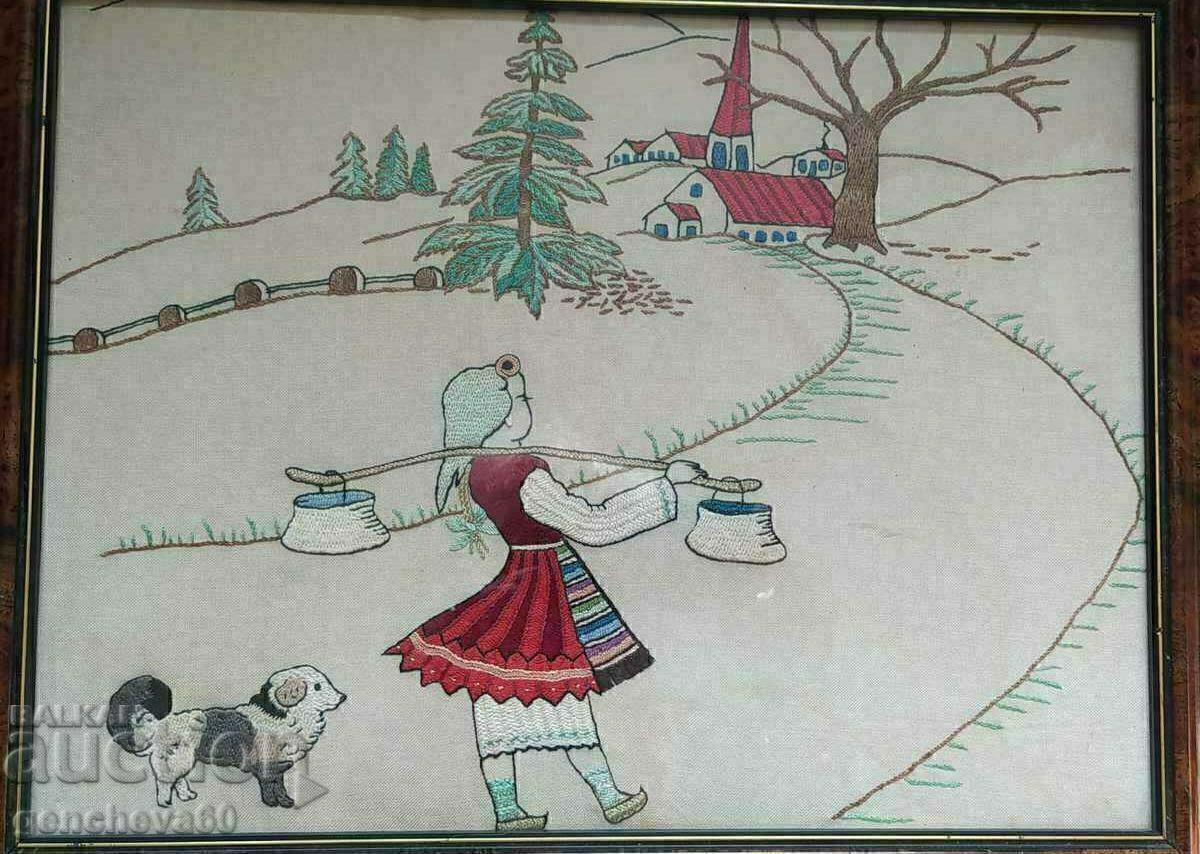 Licitație Goblen vechi brodat „Fată cu ulcioare” 35/45cm Licitație Goblen vechi brodat „Fată cu ulcioare” 35/45cm