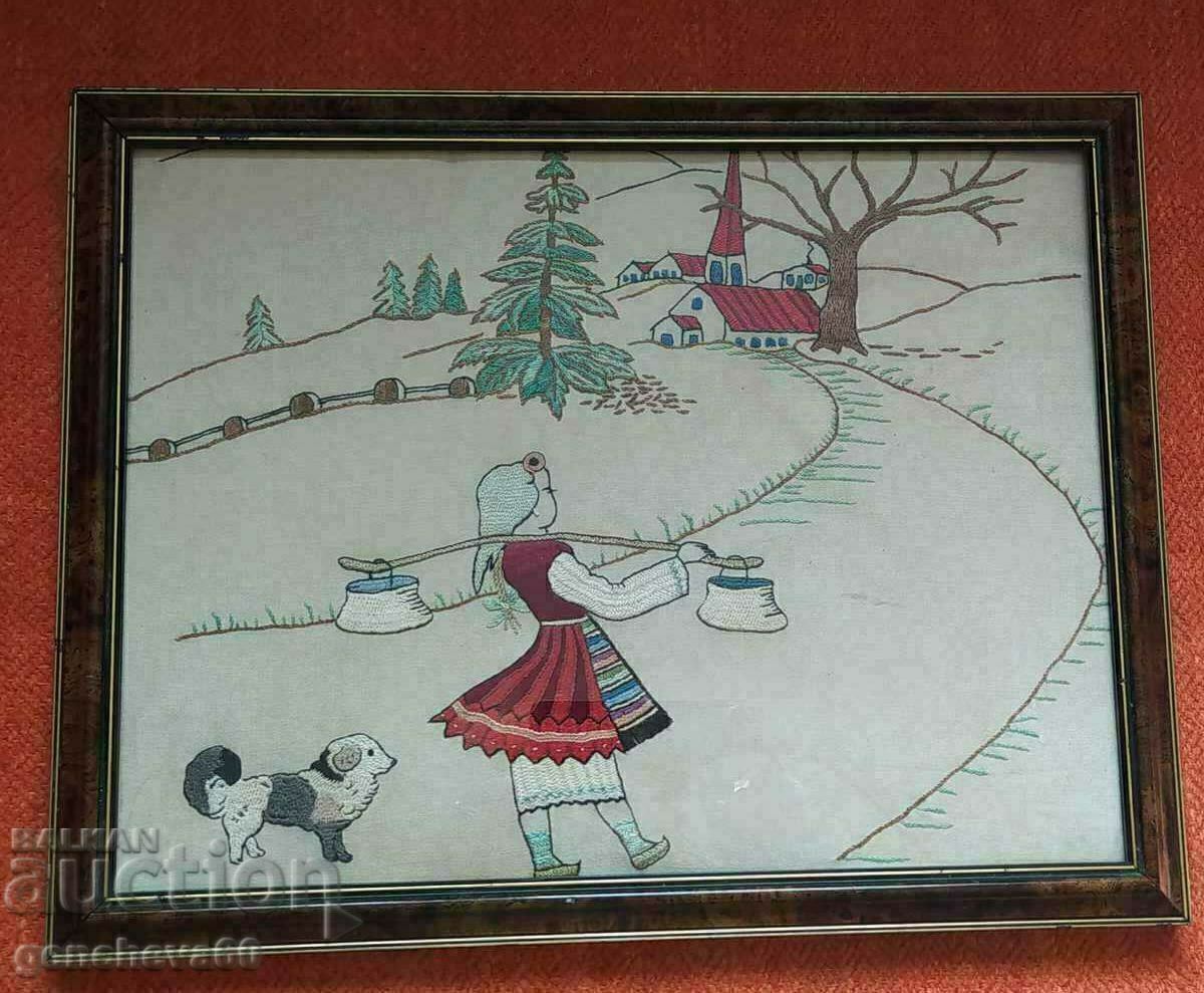 Delivery of Old embroidered tapestry "Maiden with jugs" 35/45cm Delivery of Old embroidered tapestry "Maiden with jugs" 35/45cm