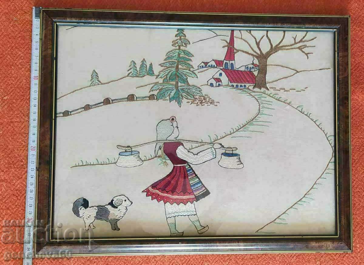 Old embroidered tapestry "Maiden with jugs" 35/45cm - 6 Old embroidered tapestry "Maiden with jugs" 35/45cm - 6