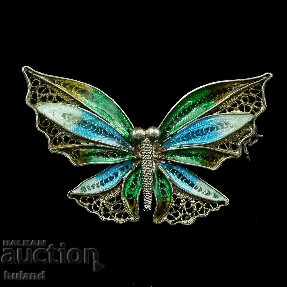 Old Silver Butterfly Brooch with Silver Enamel