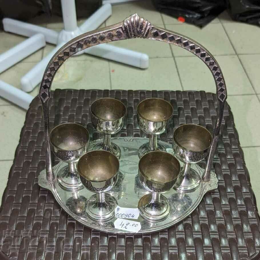 Metal service with a set of 6 glasses for brandy
