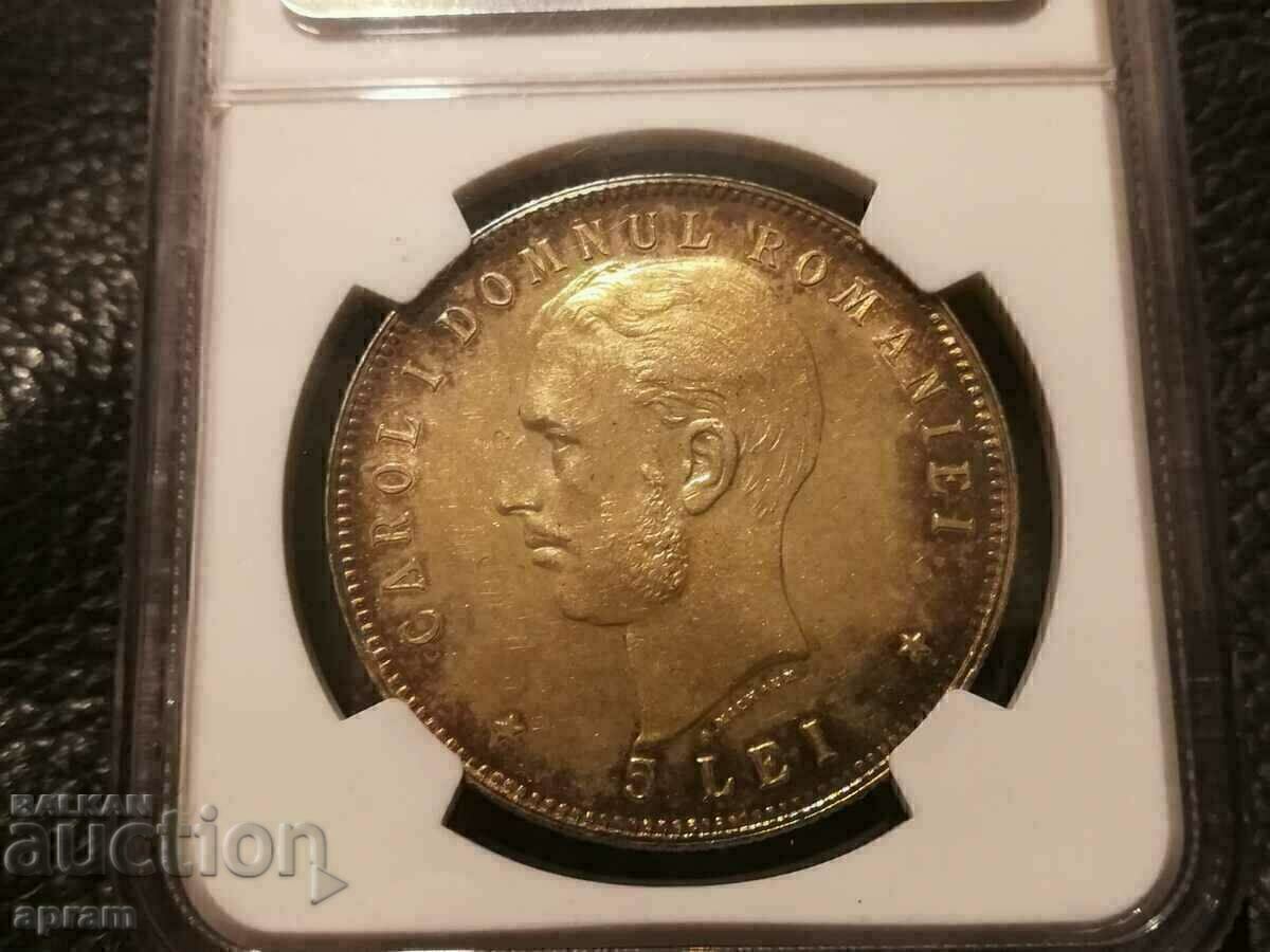 Auction  Romania. 5 lei 1906. MS62.