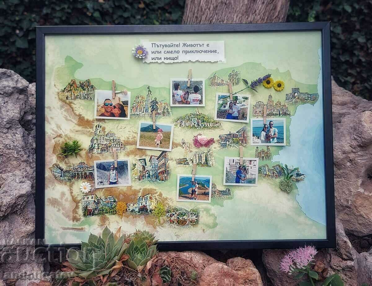 Panel map of Bulgaria with photos and decorative elements