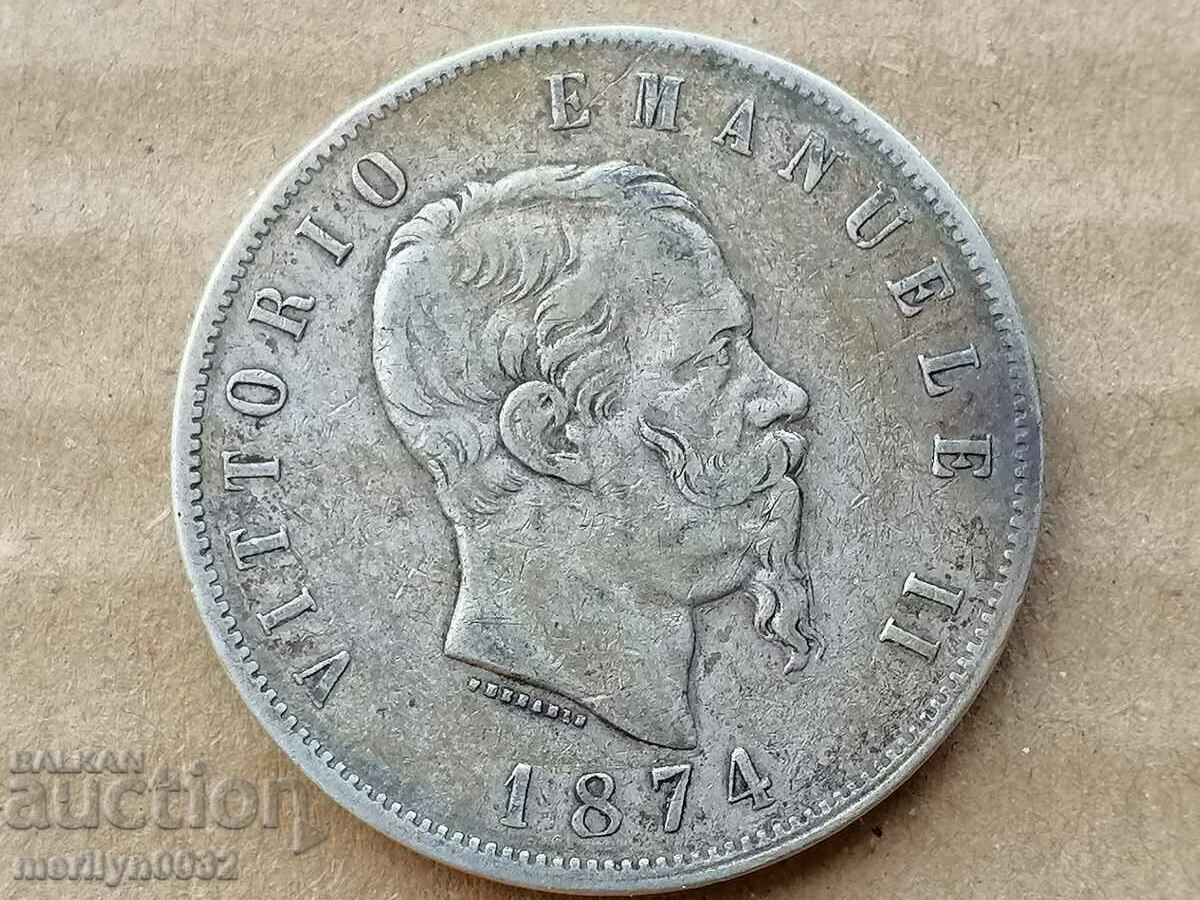 Coin 5 lire 1874 Kingdom of Italy silver 900/1000 samples with price 99.00 BGN | € 50.62 Coin 5 lire 1874 Kingdom of Italy silver 900/1000 samples with price 99.00 BGN | € 50.62