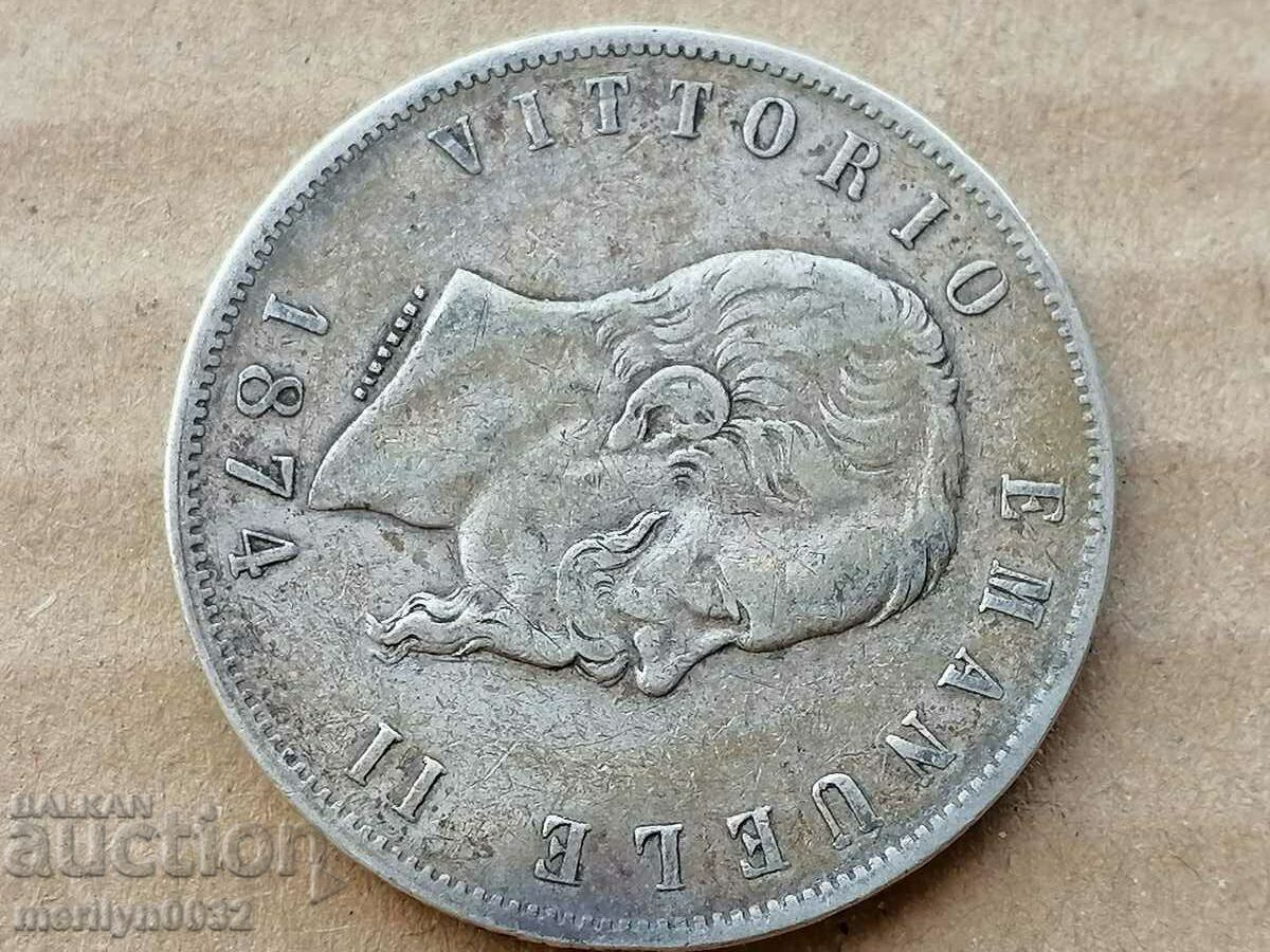 Coin 5 lire 1874 Kingdom of Italy silver 900/1000 samples - 6 Coin 5 lire 1874 Kingdom of Italy silver 900/1000 samples - 6