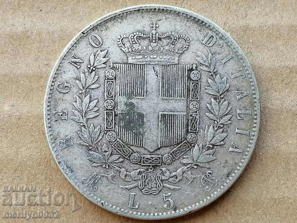Monedă 5 lire 1874 Regatul Italiei argint 900/1000 mostre