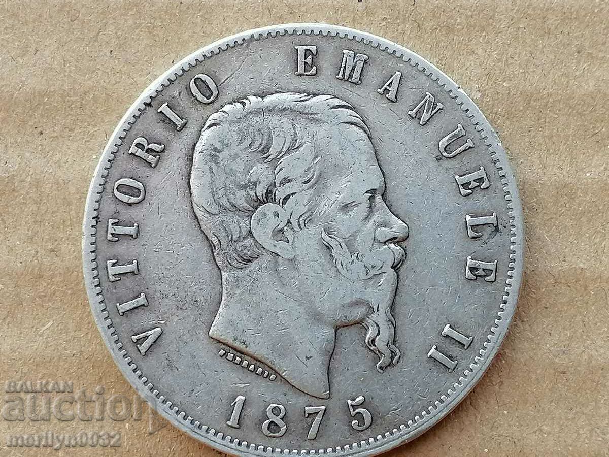 Δημοπρασία Κέρμα 5 λιρέτες 1875 Βασίλειο της Ιταλίας ασήμι 900/1000 δείγματα