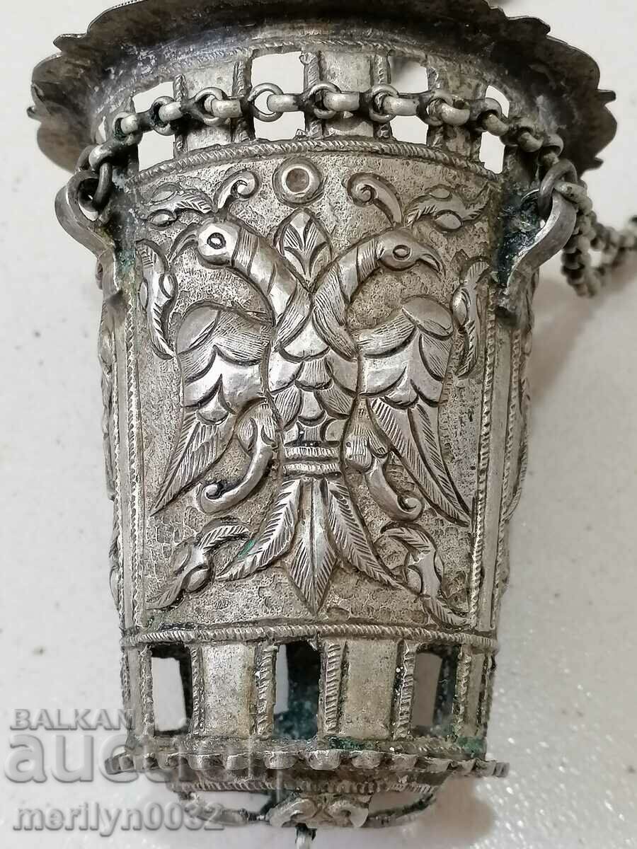 Lampă de argint renascentist, vultur cu două capete, cruce de argint