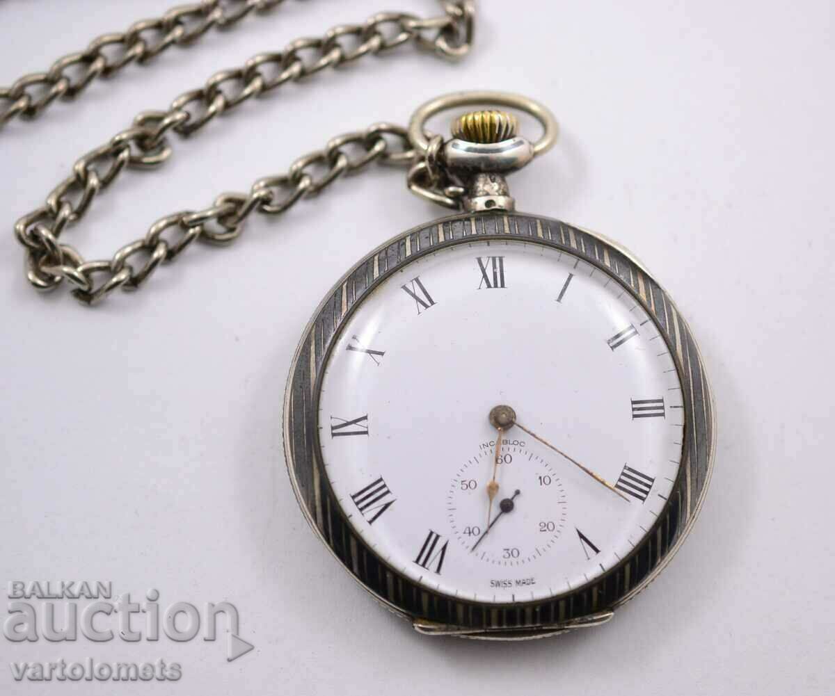Старинен джобен часовник, сребро, ниело, Swiss made - работи
